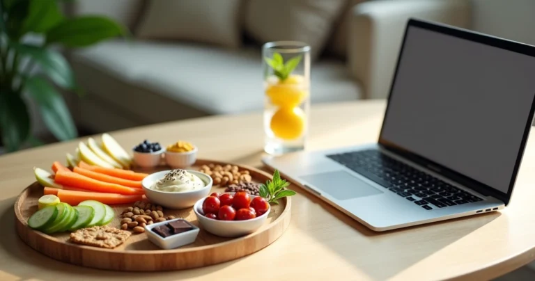 Colorful snack board beside open laptop on home desk