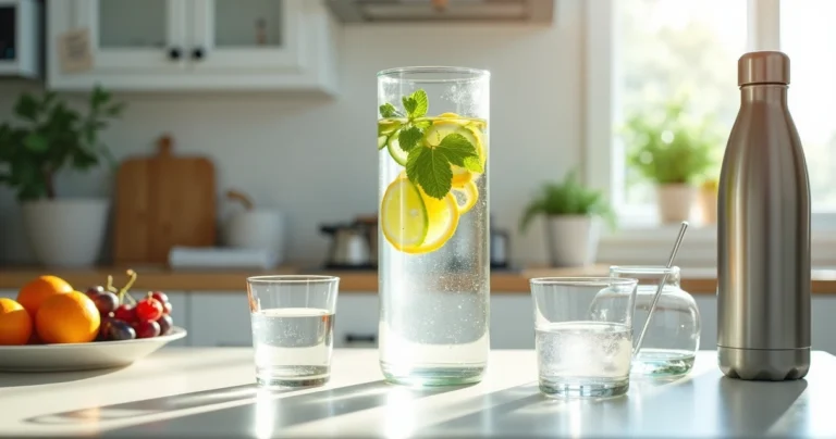 Assorted water glasses and fruit-infused pitcher on bright kitchen counter