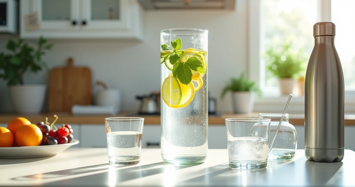 Assorted water glasses and fruit-infused pitcher on bright kitchen counter