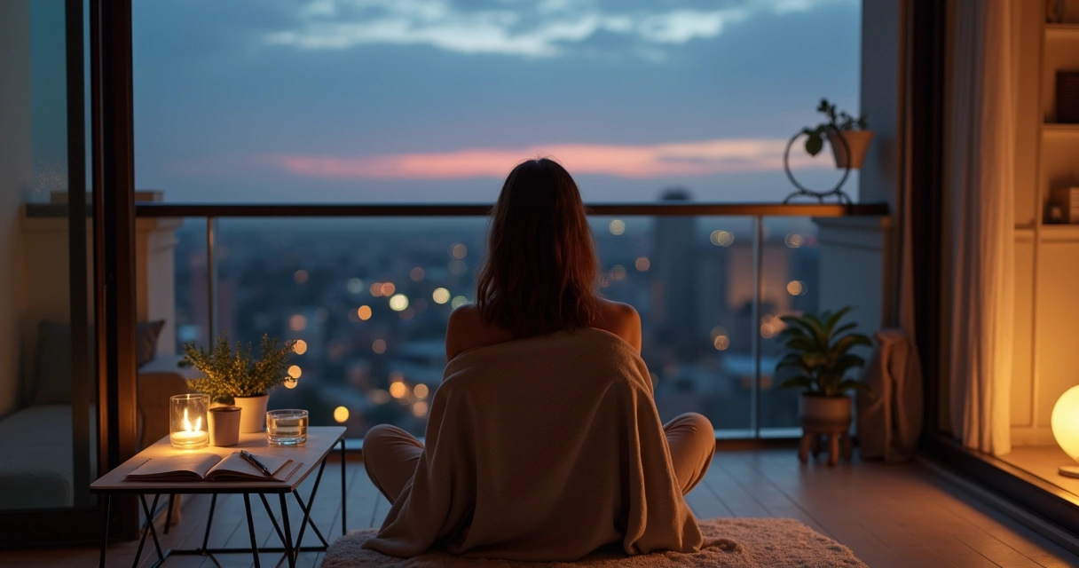 Person sitting on balcony at dusk with journal and city lights