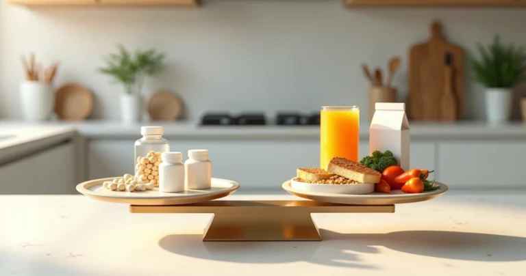Balanced scale holding supplement pills on one side and colorful fortified foods on the other