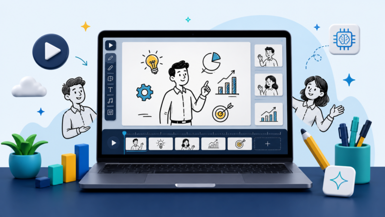 AI whiteboard explainer video editor shown on a laptop
